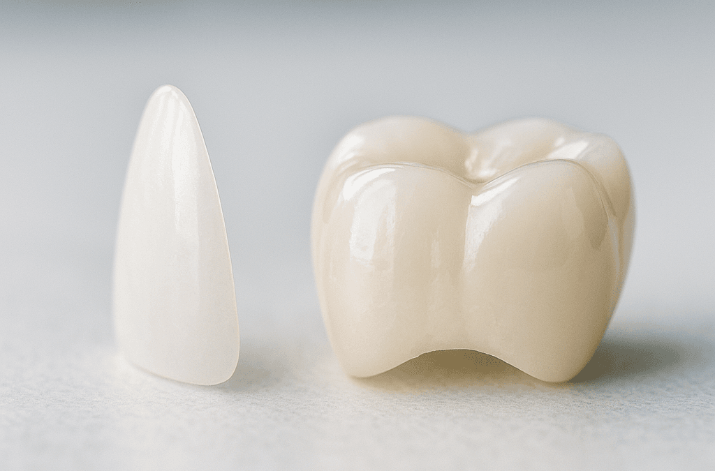 A porcelain veneer next to a ceramic crown at a dentist in Roodepoort - Dr Chalita le Roux
