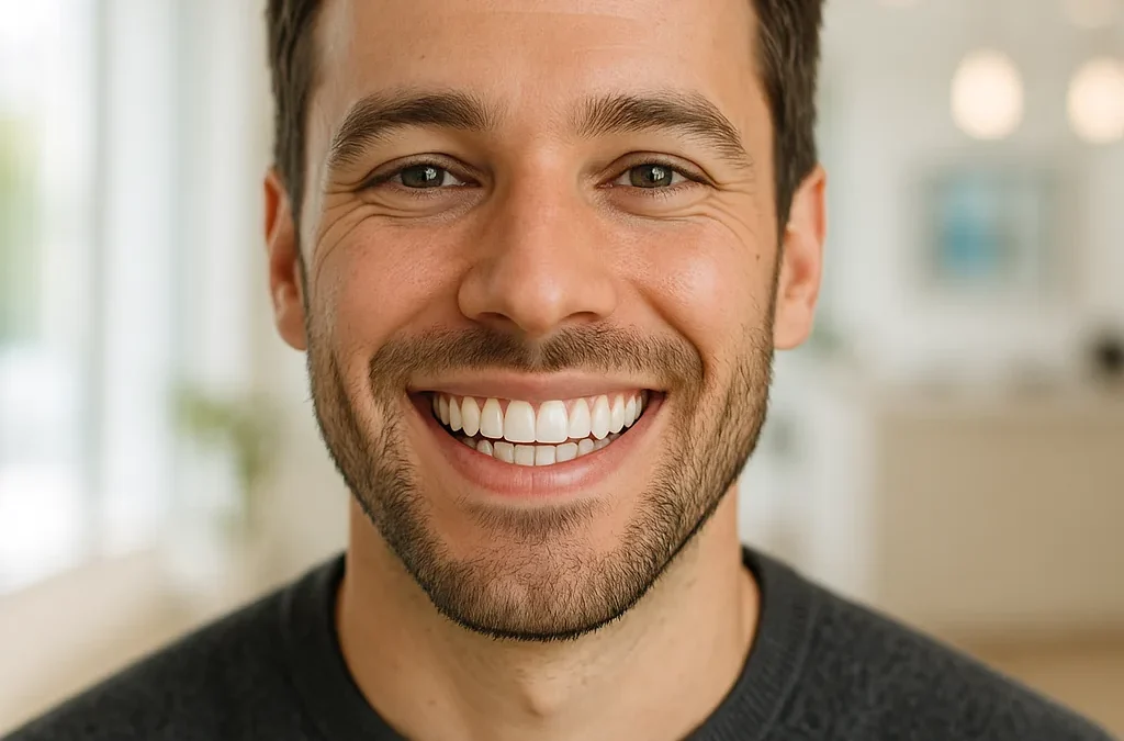 Man smiling with straight teeth - clear aligners vs braces, Dr Chalita le Roux, Roodepoort